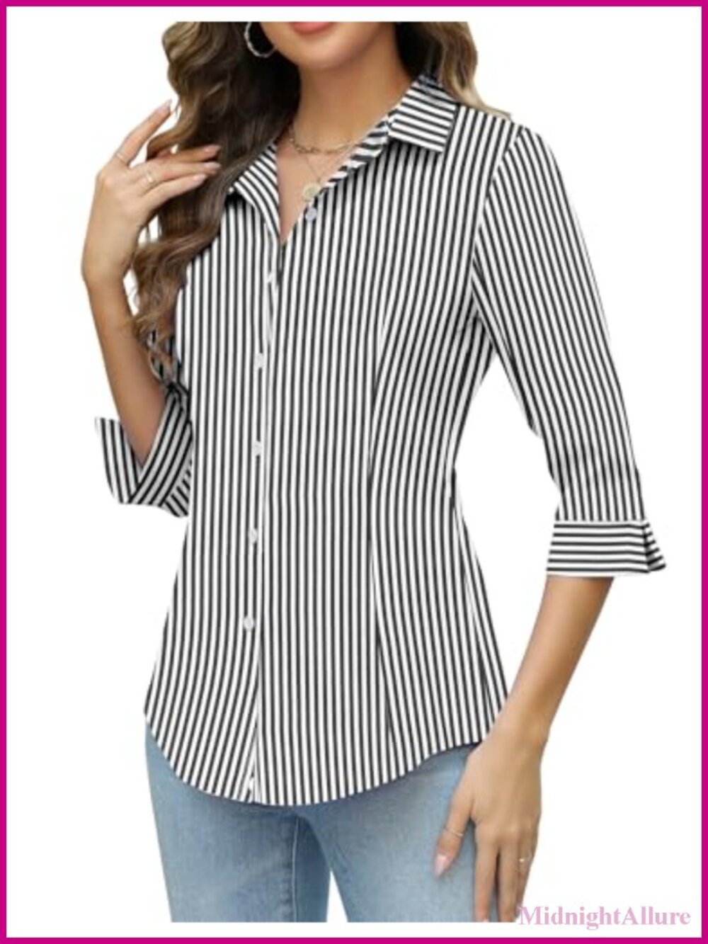 Women's Slim Fit 3/4 Sleeve Button Down Shirt Pleated Blouse Business Casual